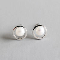 Geometry Hollow Circle Round Natural Pearl 925 Sterling Silver Stud Earrings