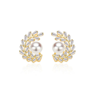 Women Shell Pearl CZ Garland 925 Sterling Silver Stud Earrings