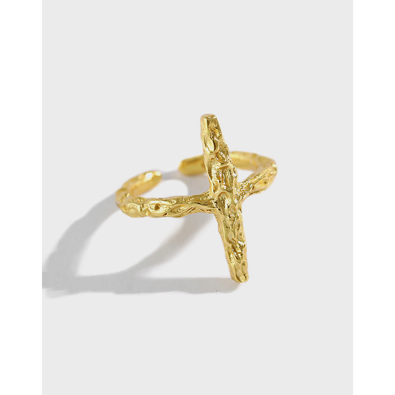 Classic Irregular Beaten Cross  925 Sterling Silver Adjustable Ring