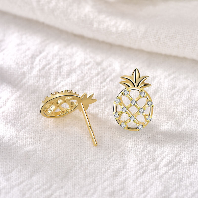 Cute CZ Hollow Pineapple Fruit 925 Sterling Silver Stud Earrings