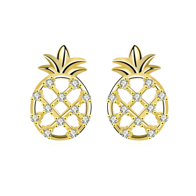 Cute CZ Hollow Pineapple Fruit 925 Sterling Silver Stud Earrings