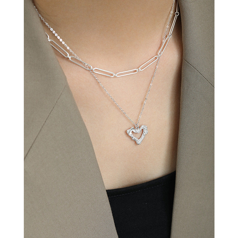 Anniversary Irregular Hollow Heart 925 Sterling Silver Necklace