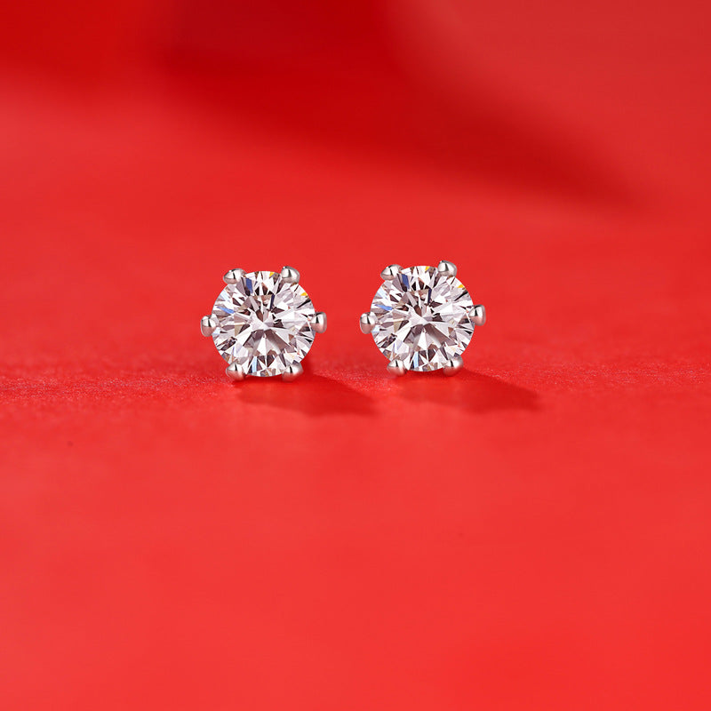 Egyszerű Hat Karmú Kerek Moissanite CZ 925 Sterling Ezüst Fülbevalók