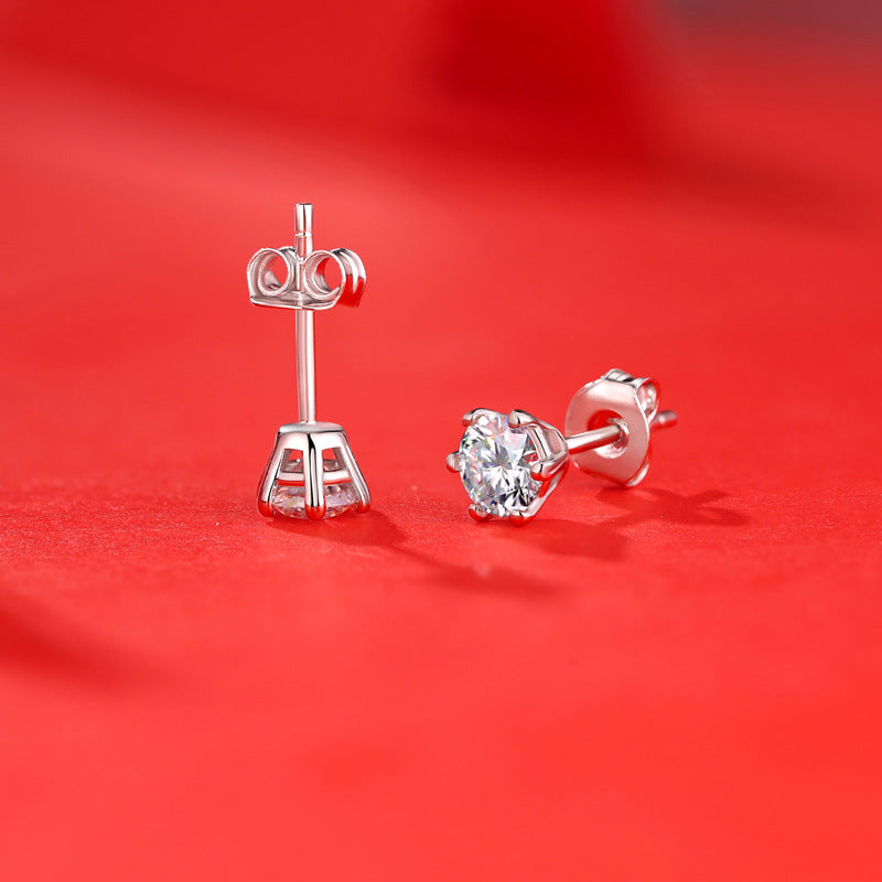 Egyszerű Hat Karmú Kerek Moissanite CZ 925 Sterling Ezüst Fülbevalók