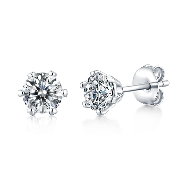 Simple Six Claw Round  Moissanite CZ 925 Sterling Silver Stud Earrings