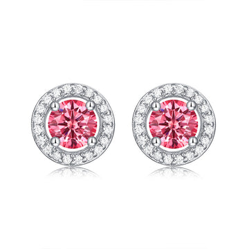 Girl Pink Round Moissanite CZ 925 Sterling Silver Stud Earrings