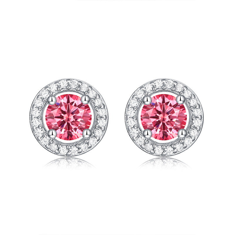 Girl Pink Round Moissanite CZ 925 Sterling Silver Stud Earrings