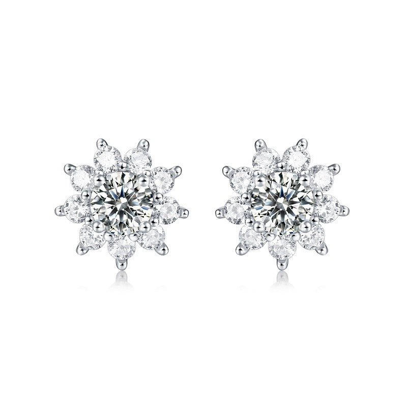 Sweet Moissanite CZ Sunflower 925 Sterling Silver Stud Earrings