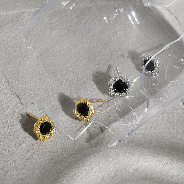 Casual Black CZ Flower Bud 925 Sterling Silver Stud Earrings