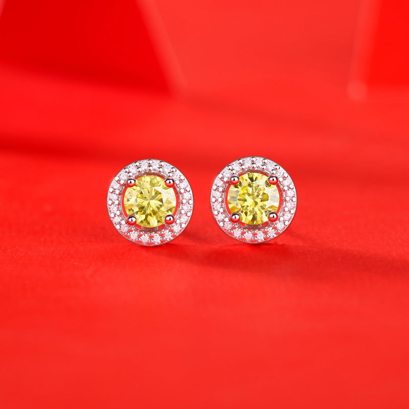 Simple Round Yellow Moissanite CZ 925 Sterling Silver Stud Earrings