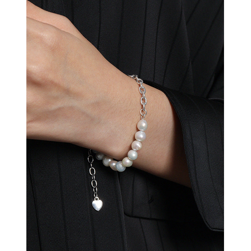 Asymmetry Natural Pearls Curb Chain 925 Sterling Silver Bracelet