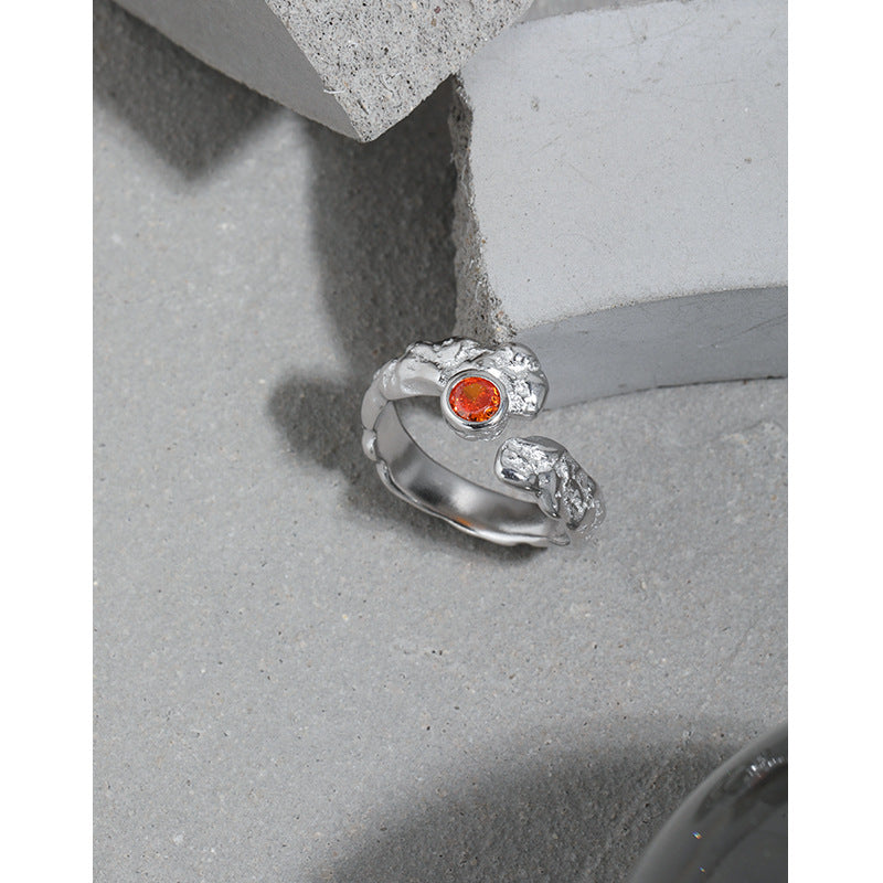 Women Red Round CZ Irregular 925 Sterling Silver Adjustable Ring