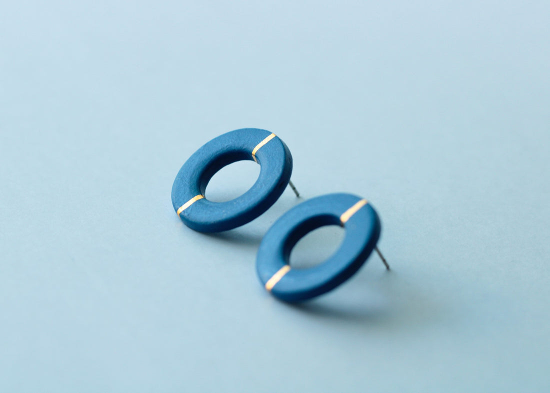 Golden Minimal blue porcelain earring - large size with hole